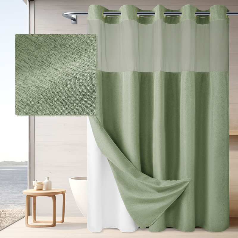 Rideau de douche en lin sans crochet avec doublure Snap-In, Sauge