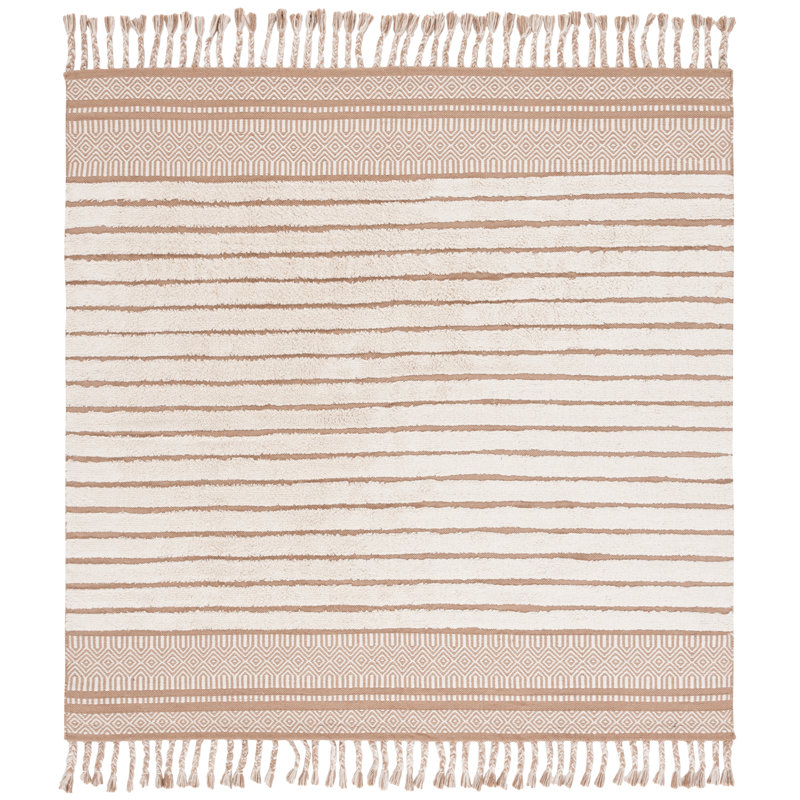 Lamaiya Hand Woven Cotton Pile Striped Rug, Square 6'