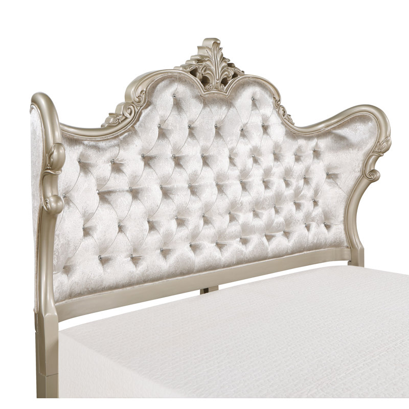 Monique Solid Wood Standard Bed with Upholstered Headboard in Champagne, King