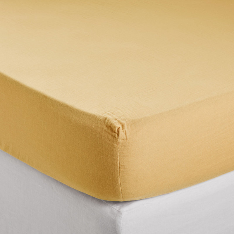 100% Cotton Plain Weave / Muslin Fitted Sheet, European Double (140 x 200 cm), Golden Yellow
