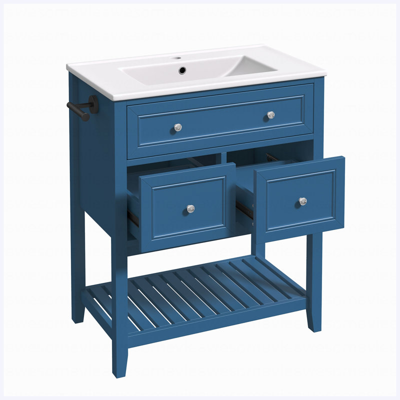 Meuble-lavabo sur pied de 76 cm avec lavabo en céramique, tiroir basculant, 2 tiroirs et tablette ouverte à lattes, porte-serviettes réversible, poignées argentées, bleu marine, MDF