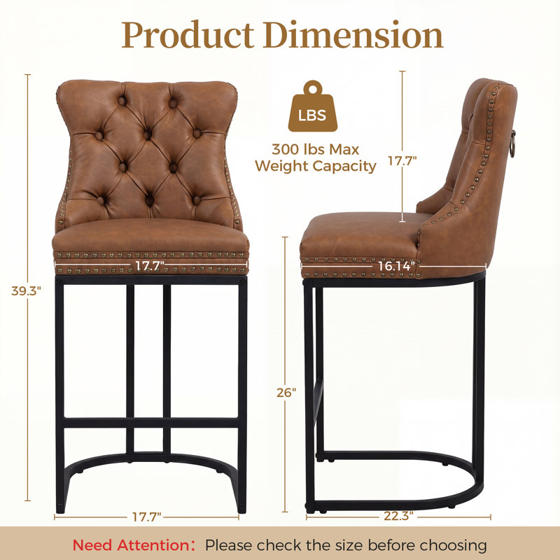 26'' Modern Counter Height Barstools with Tufted and Nailhead Trim, Brown Seat/Black Legs/Faux Leather