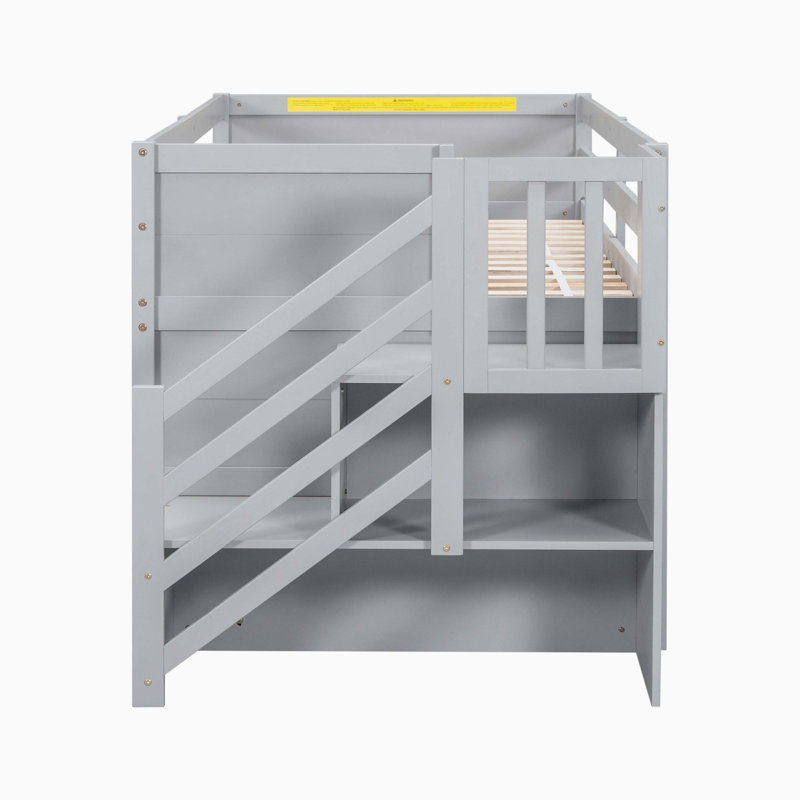 Lit mezzanine bas en bois massif avec escaliers, tiroirs et tablettes, Grey
