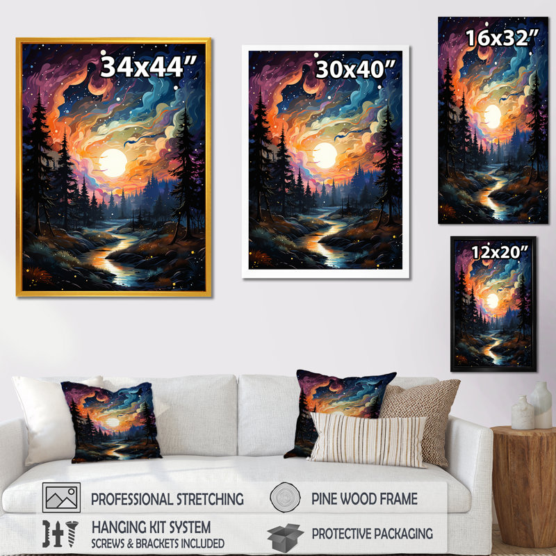 Moonlight River Into The Forest III - Forêt et rivière, art mural, H 32 po x l 16 po x P 1 po, Cadre flottant blanc