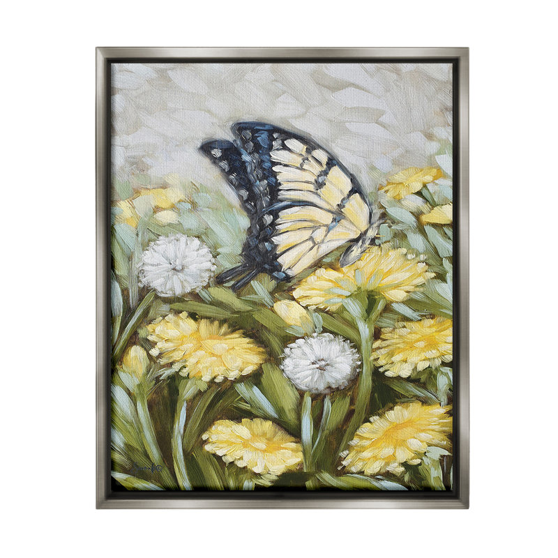 "Butterfly And Yellow Daisies" par Sara G., motifs sur toile, H 31 po x l 25 po, Cadre flottant gris lustré