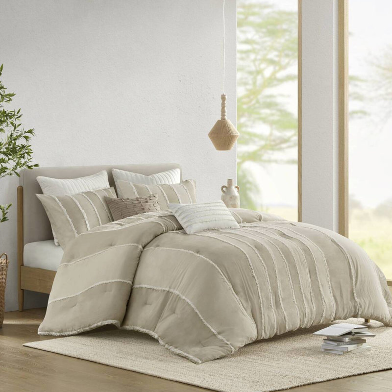Édredon pour lit double / grand taupe 3 pièces - 100% coton, décoration rayée, rembourrage, garniture, chic visible, lavable en machine