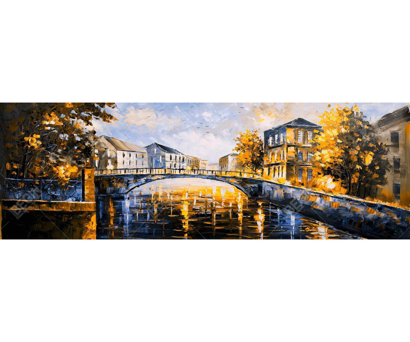 Pont par une journée ensoleillée - décor de toile de paysage de rue romantique, H 20 po x l 60 po