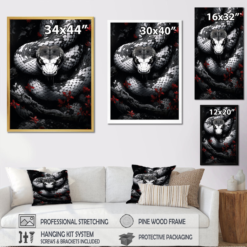 «Asian Art Snake Sumi» - reproduction, Cadre photo noir, H 20 po x l 12 po x P 1 po