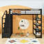 Lit mezzanine double en métal avec tablettes de rangement, armoires, garde-robe et escalier