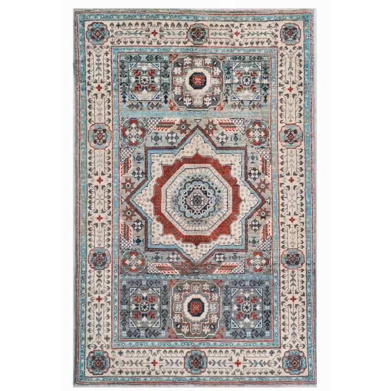 Hand Knotted Wool Area Rug in Sea Green And Beige
