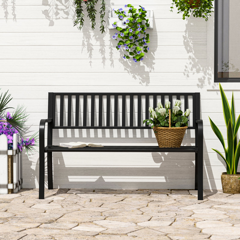50" Outdoor Bench In Black, Metal Patio Seat With Slatted Design For Garden, Backyard, Poolside, Lawn. Stable & Rust-, Comfortable 2, Easy To Maintain Backyard - Black Seat. For Stable. Ergonomic 2