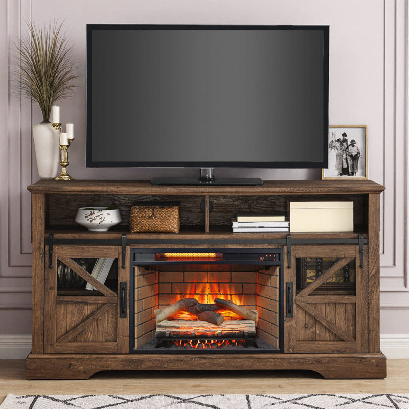 60" Electric Fireplace, Entertainment Center With Door Sensor, Reclaimed Barnwood