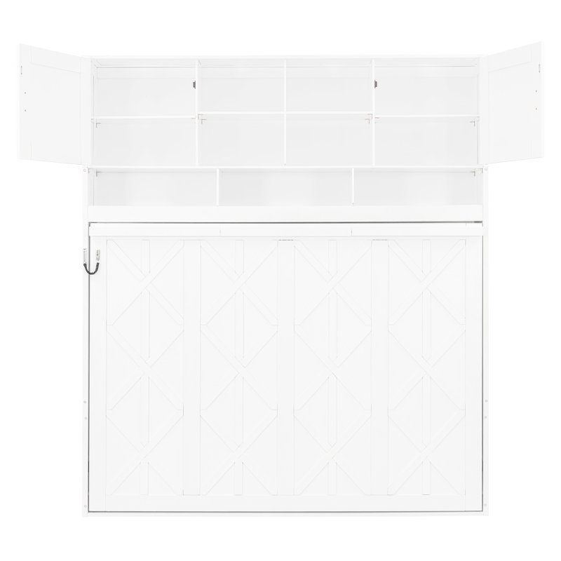 Grand lit blanc à placer au mur, avec rangement spacieux, esthétique rayée à losanges et matelas de 6 à 8 pouces avec capacité de poids de 600 lb