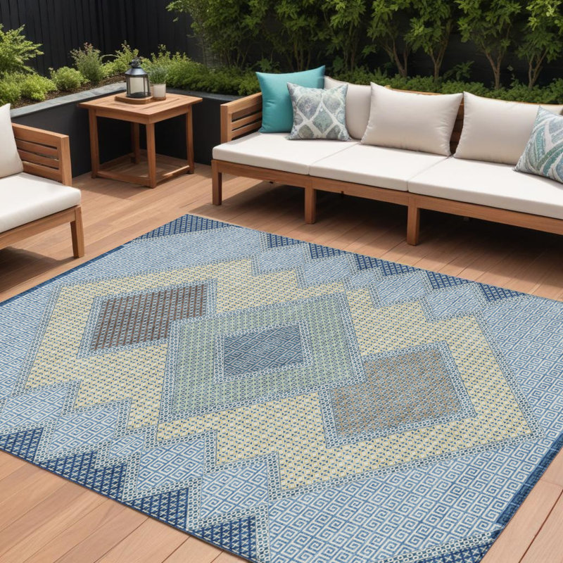 Tapis extérieur lavable à motif géométrique 10 pi x 14 pi bleu gris et brun