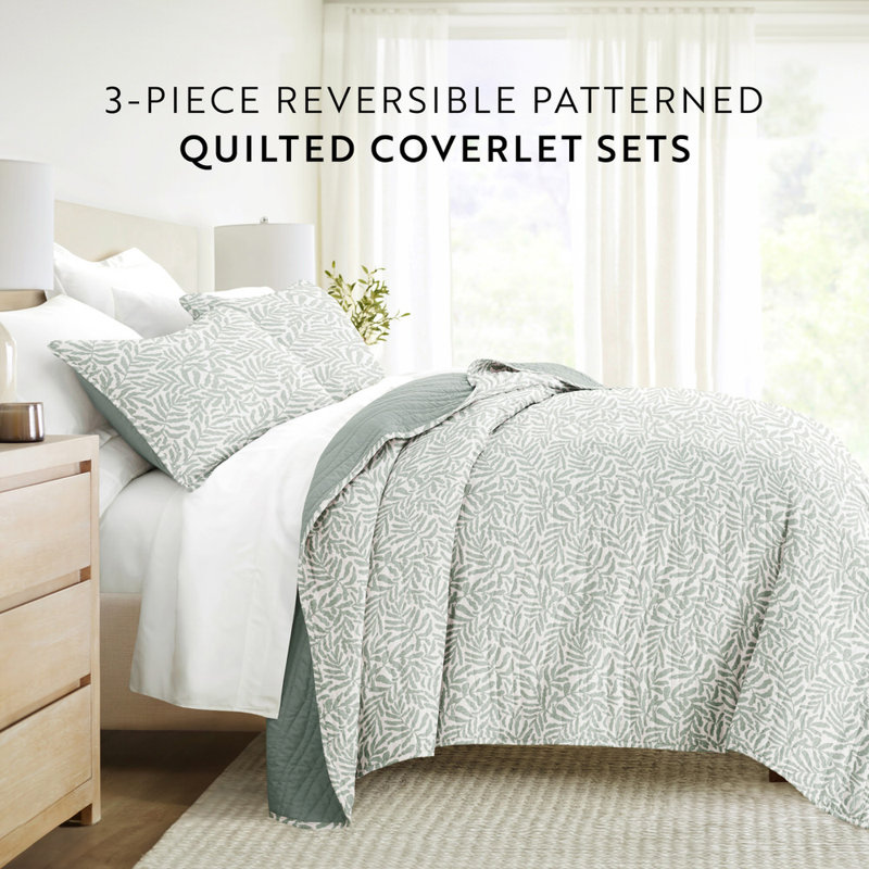 Ensemble de courtepointe super doux et léger, couvre-lit matelassé toutes saisons en fougères, Vert