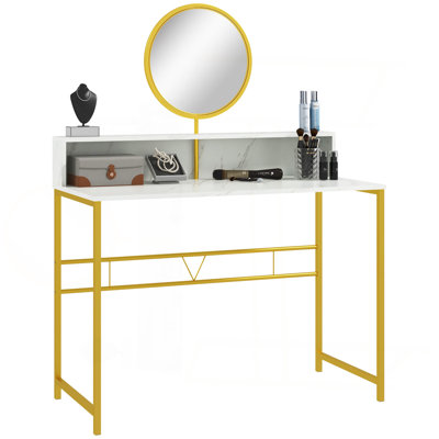 Bureau de maquillage moderne avec miroir, coiffeuse avec rangement ouvert, finition en faux marbre et structure en acier pour la chambre à coucher, blanc et doré