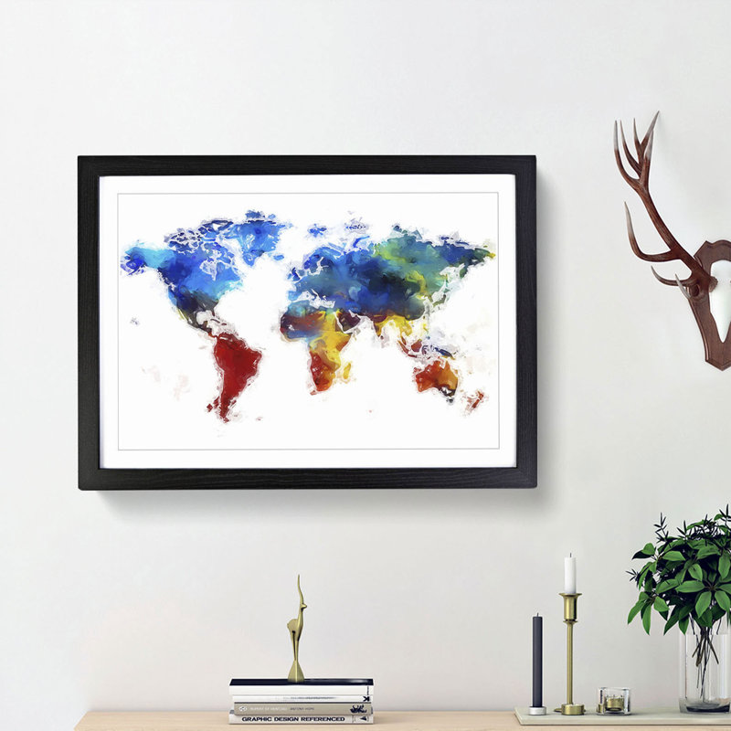 Abstract Map of the World - Picture Frame Painting Print, 48cm H x 65cm W x 2cm D, Black Framed