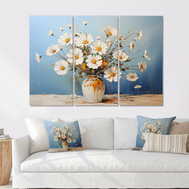 «White Daisy Efflorescence Bouquet Serenity III - Daisies», ensemble d'art mural, H 28 po x l 36 po x P 1 po, Toile tendue