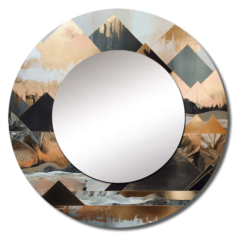 Osckar - Horizons géométriques noirs et dorés - miroir mural décoratif de ville, miroir rond noir, impression d'art en métal