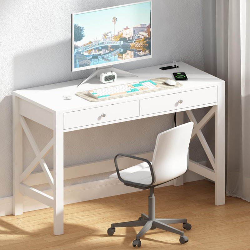 Farmhouse Desk With USB Charging Ports And Power Outlets, 39" Computer Desk With Drawers, Small Study Writing Table With Stable X Frame For Home Office