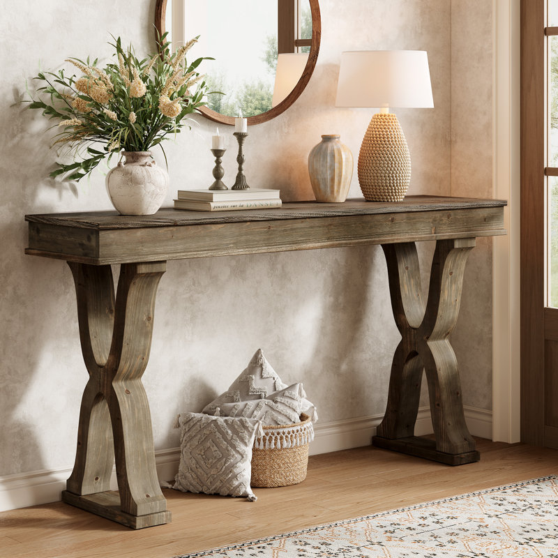 63-inch Solid Wood Console Table, Farmhouse Narrow Entryway Table With X-shaped Legs, Long Sofa Table, Washed Brown