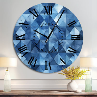 Triangular Grid in Cool Blues - Modern Silent Metal Wall Clock