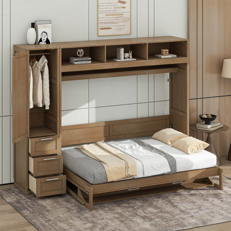 Lit escamotable double avec garde-robe, tiroirs et tablettes ouvertes