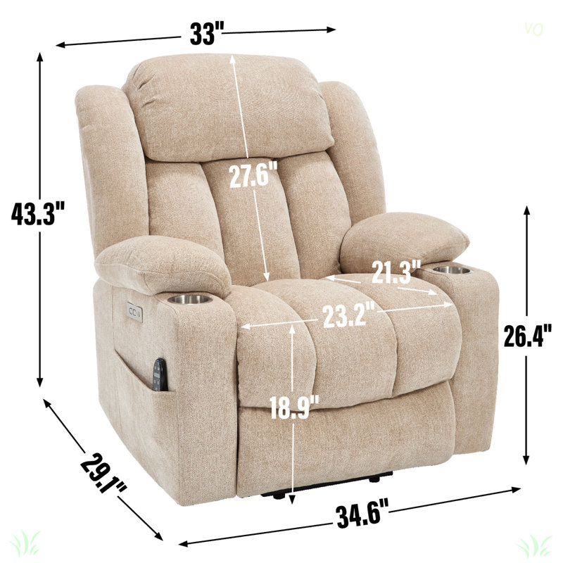 Up To 350 LBS Chenille Power Lift Recliner Chair, Heavy Duty Motion Mechanism With 8-Point Vibration Massage And Lumbar Heating, USB And Type-C Ports, Stainless Steel Cup Holders