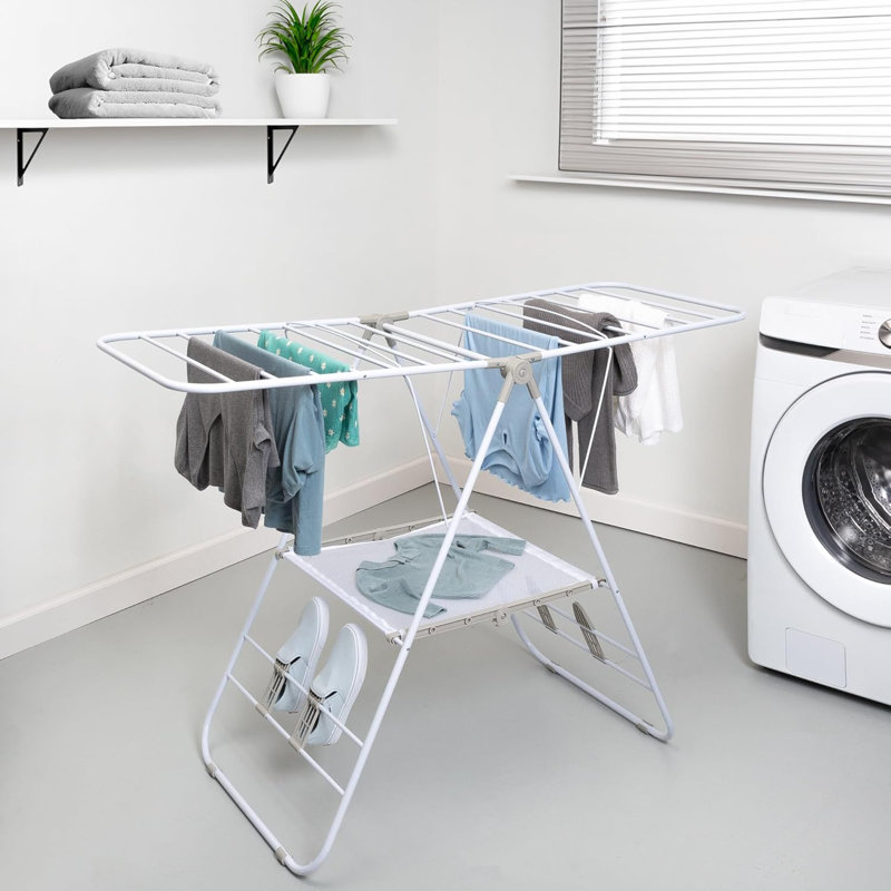 Séchoir à linge robuste et pliable - Portant pour chaussures et vêtements portable pour une utilisation intérieure et extérieure, conception peu encombrante, conception facile à plier Gullwing, métal robuste, 50 lb. Capacité, blanc