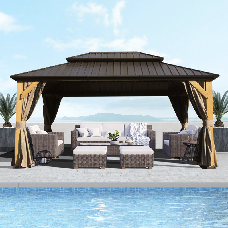 Solid Wood Post Patio Gazebo with Metal Frame, 13.88 ft x 9.78 ft