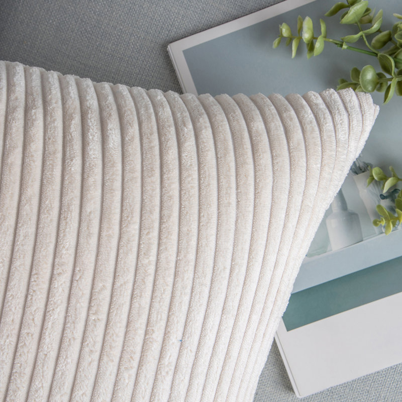 Striped Corduroy Throw Pillow, Solid Color Textured Decorative Pillow, Polyester, Square 18", Offwhite