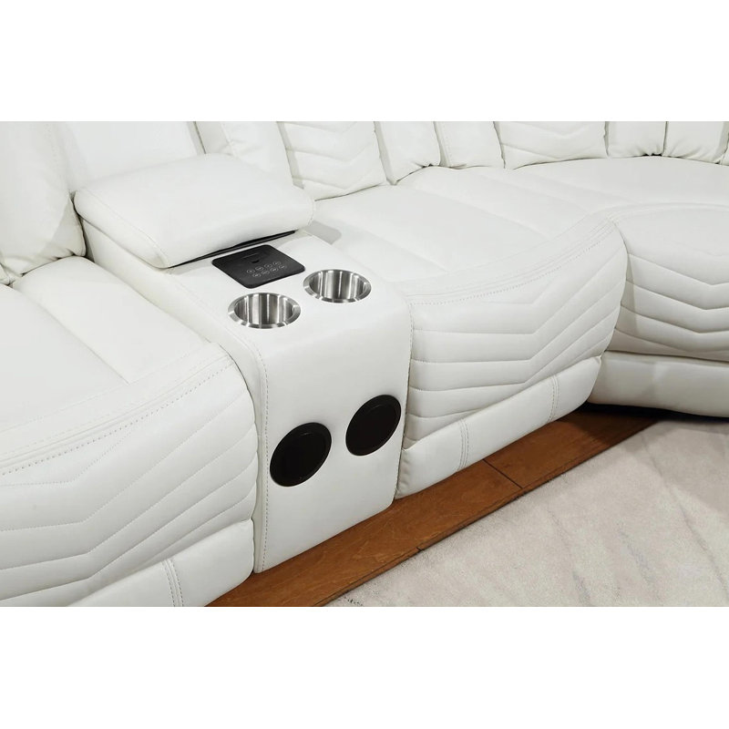 Aprea Wide Air Leather Reclining Sectional with LED and Bluetooth, White, 63.5"W X 42"D X 41.5"H