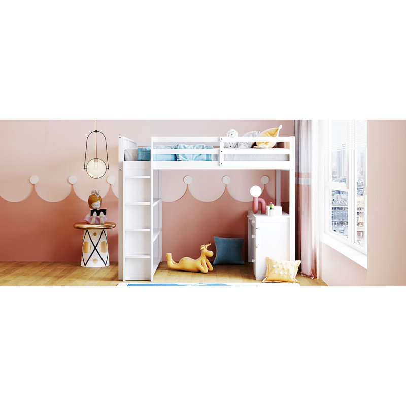 Lit mezzanine avec tablettes et bureau, Double, Blanc