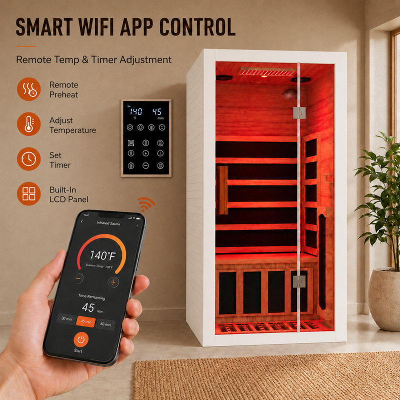 Duthss 1 Person Infrared Sauna for Home, 1700W Fast Heating Full Spectrum Sauna with Red Light Therapy, 7 Heaters (5 Carbon Panels & 2 Red Light Tubes), WiFi App Control, Indoor Spruce Wood Dry Spa, 35.4" x 35.4"x 70.86"