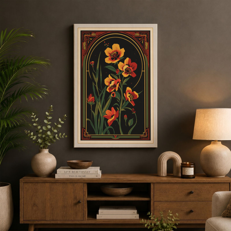 Carnations in Gold Botanical - Wrapped Canvas, 18x12 - 45.7 x 30.5 cm, Black Border