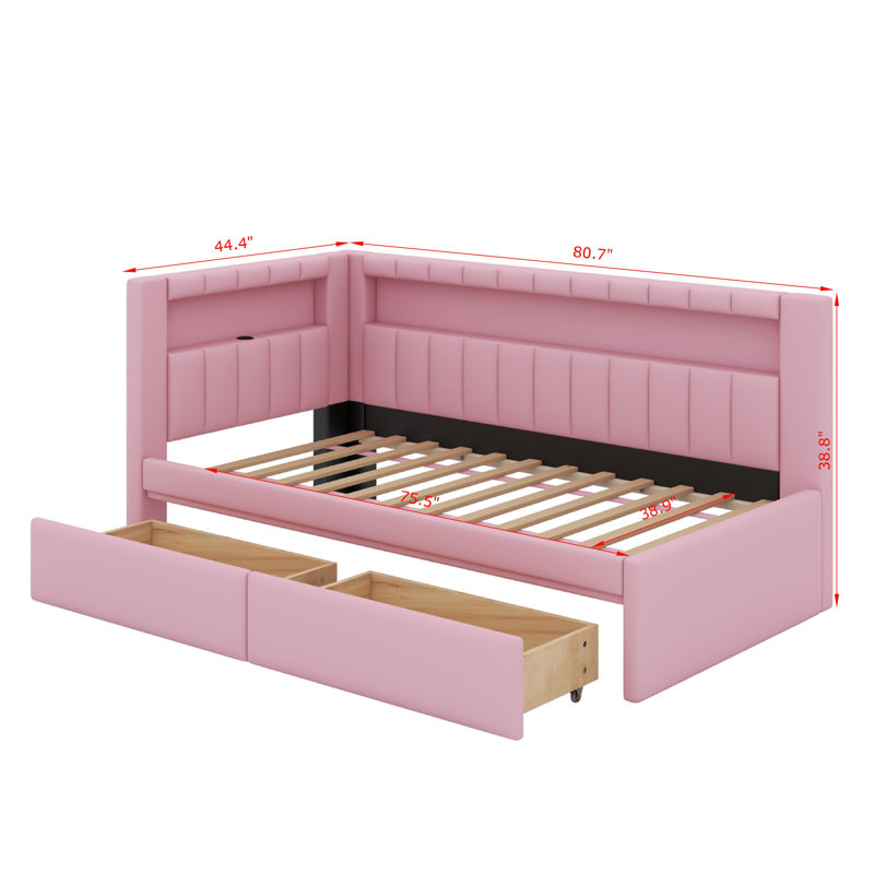 Lit plateforme tapissier simple avec ports USB et ceinture à DEL, avec 2 tiroirs, Rose