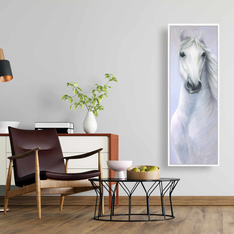 Puissant toile de cheval blanc | Décoration de ferme bleue encadrée, H 49,25 po x l 17,25 po