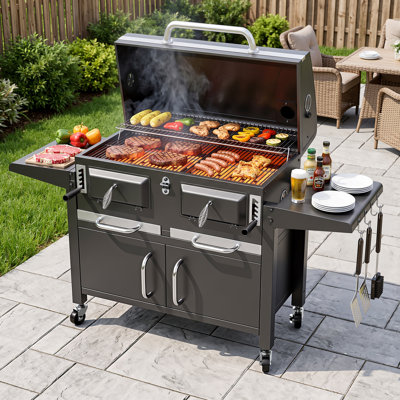 Large Charcoal Grill with Adjustable Charcoal Trays, Cast Iron Grates, Built-In Chimney & Foldable Side Tables