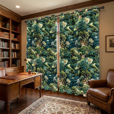 2Pcs Lush Forest Landscape Curtains, Whimsical Woodland Scene Printed Grommet Drapes, Artistic Village View Window Treatments for Living Room Bedroom Home Decor