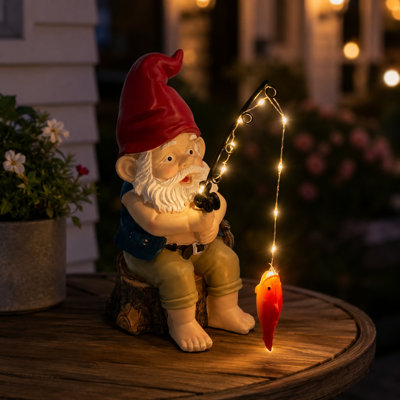 Statue de jardin solaire gnome de pêche 9,45 "avec lumières DEL