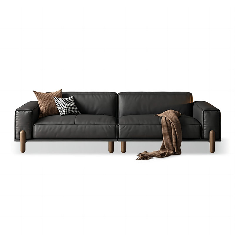 Mid century modern sofa,Genuine Leather Modular sofa with Solid Wood, Black couch, 29.53" H x 98.43" W x 37.4" D, 3, Black