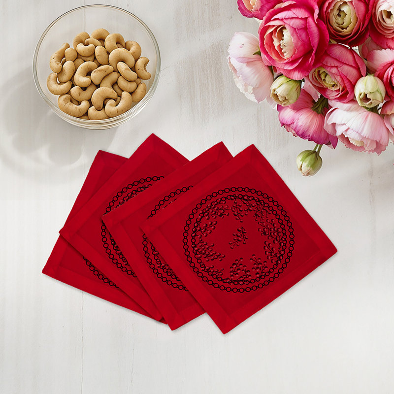 Christmas Berries Cotton Sateen Cocktail Napkins, Red