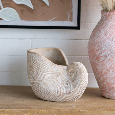 Sand And Cement Nautilus Shell Planter With Textured Beige Finish