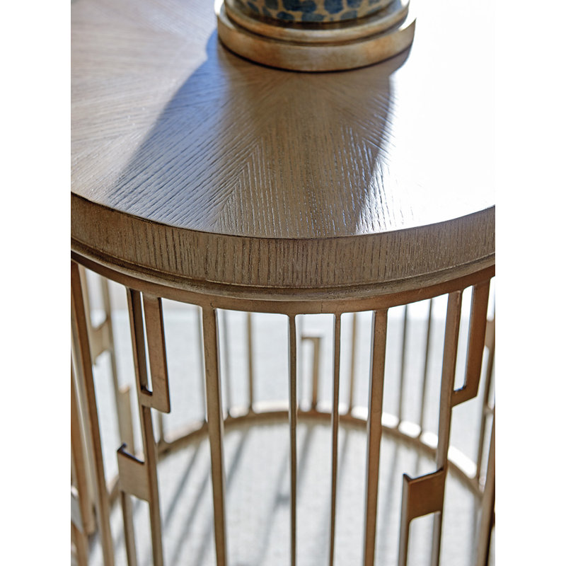 Beige Round Wood and Metal Accent Table