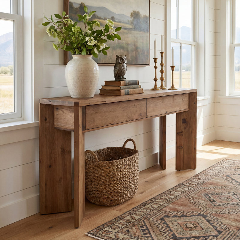 Solid Wood Console Table with 2 Drawers, 63" Simple Vanity Table Writing Desk