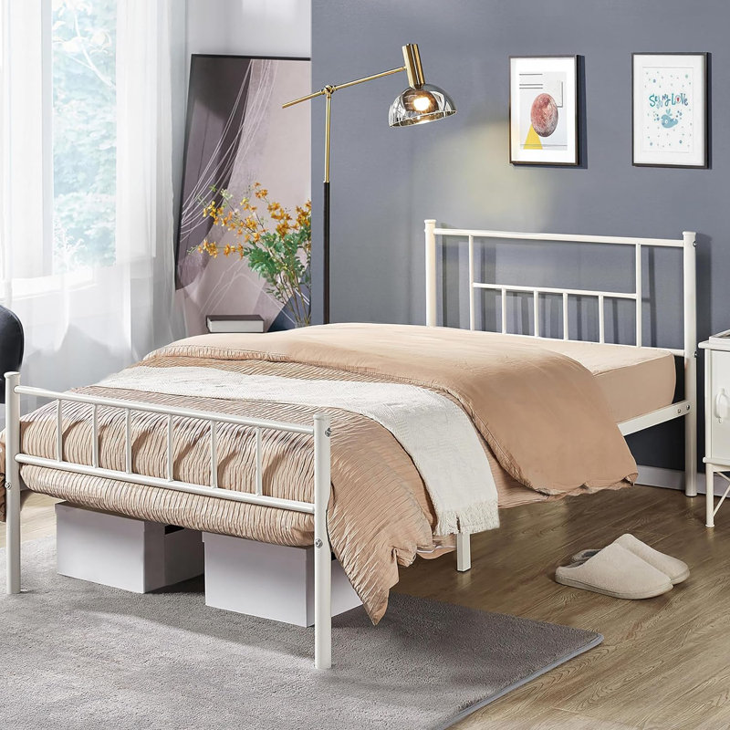 Delaenie Metal Platform Bed, Simple, Blanc