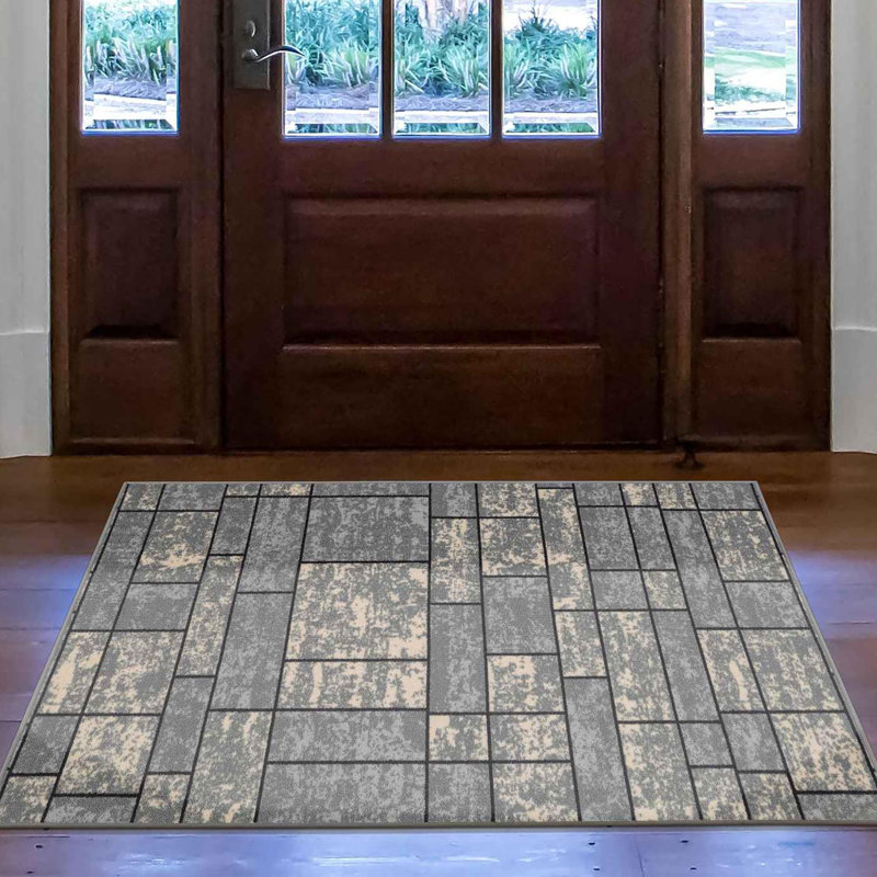 Ottohome Non-Slip Boxes Area Rug For Living Room, Hallway, Gray, Rectangle 5' x 6'6"