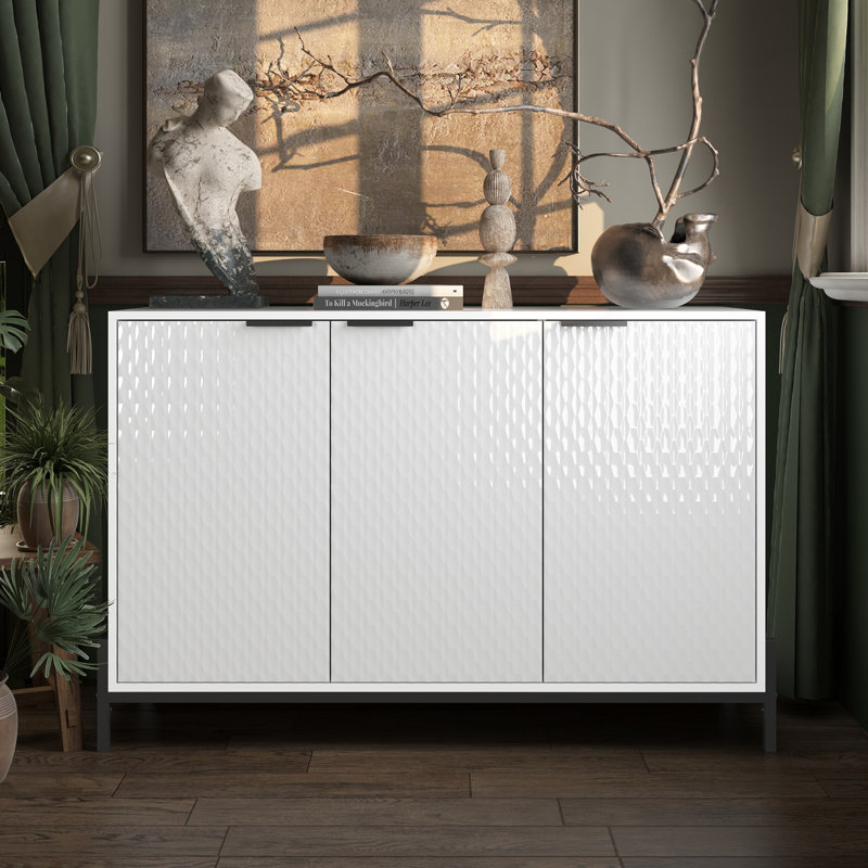 Buffet à 3 portes haute brillance avec pieds en métal thermolaqué, Blanc