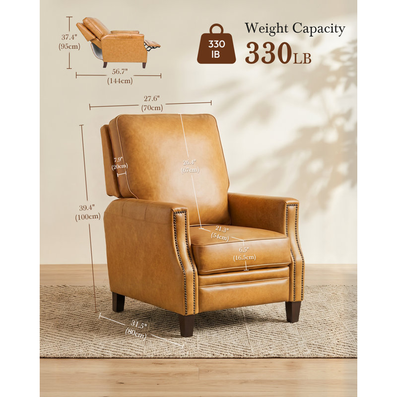 Ensemble de 2 fauteuils inclinables ZETTEN en cuir véritable, pieds en bois massif, dossier haut ergonomique, finition rivetée, facile à nettoyer et à monter, coussin épais, idéal pour le salon ou le bureau, marron.