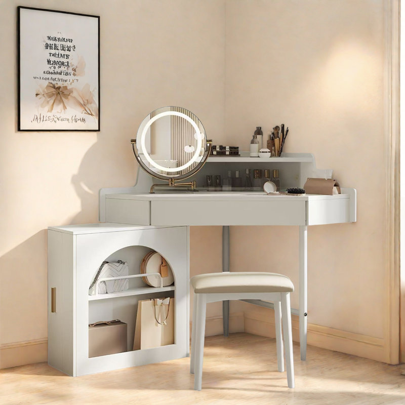 Bureau de coiffeuse de coin avec miroir pliant réglable, éclairage à DEL 3 couleurs, rangement adéquat et tabouret